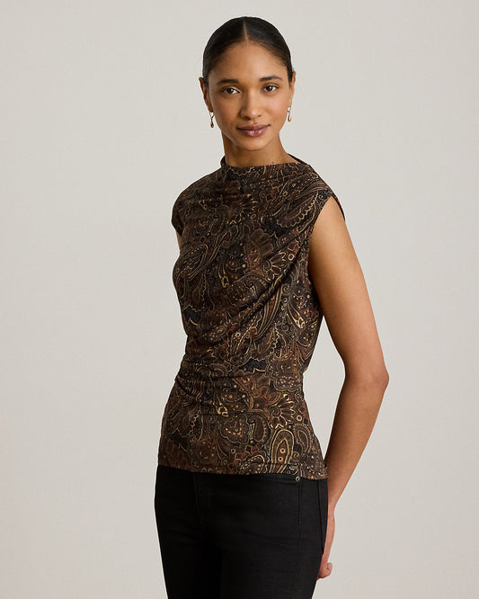 Paisley Shirred Jersey Mockneck Top