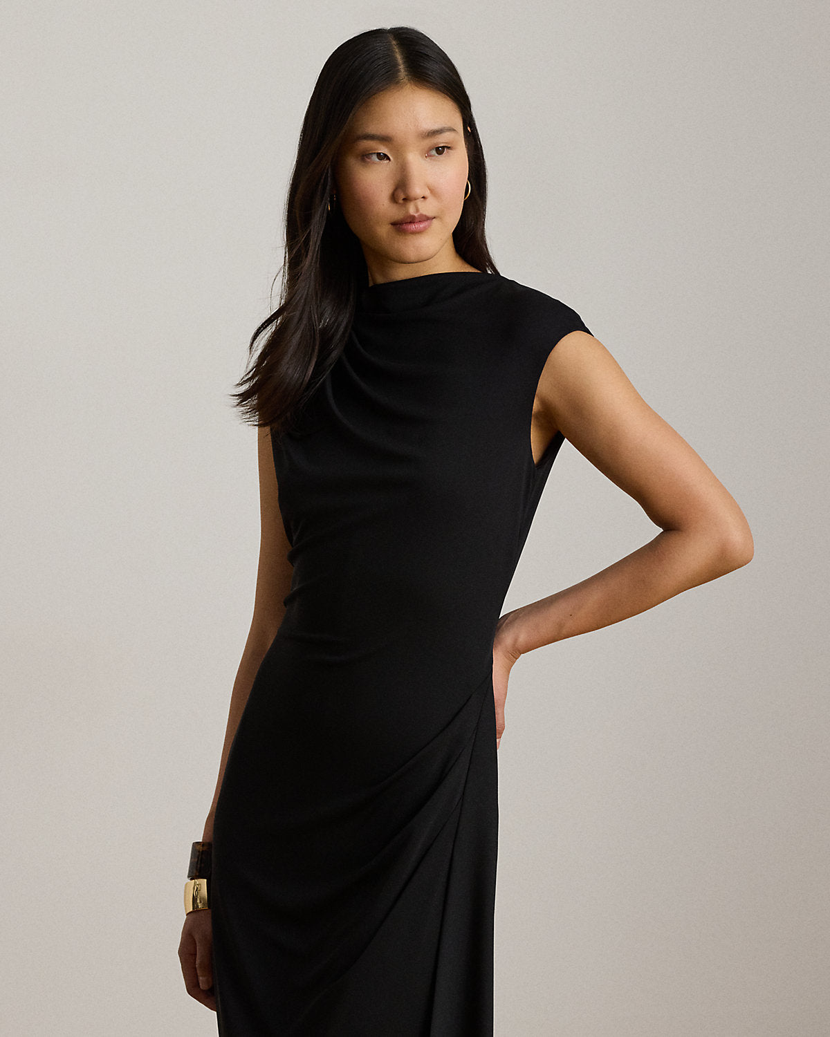 Pleated Jersey Boatneck Midi Dress