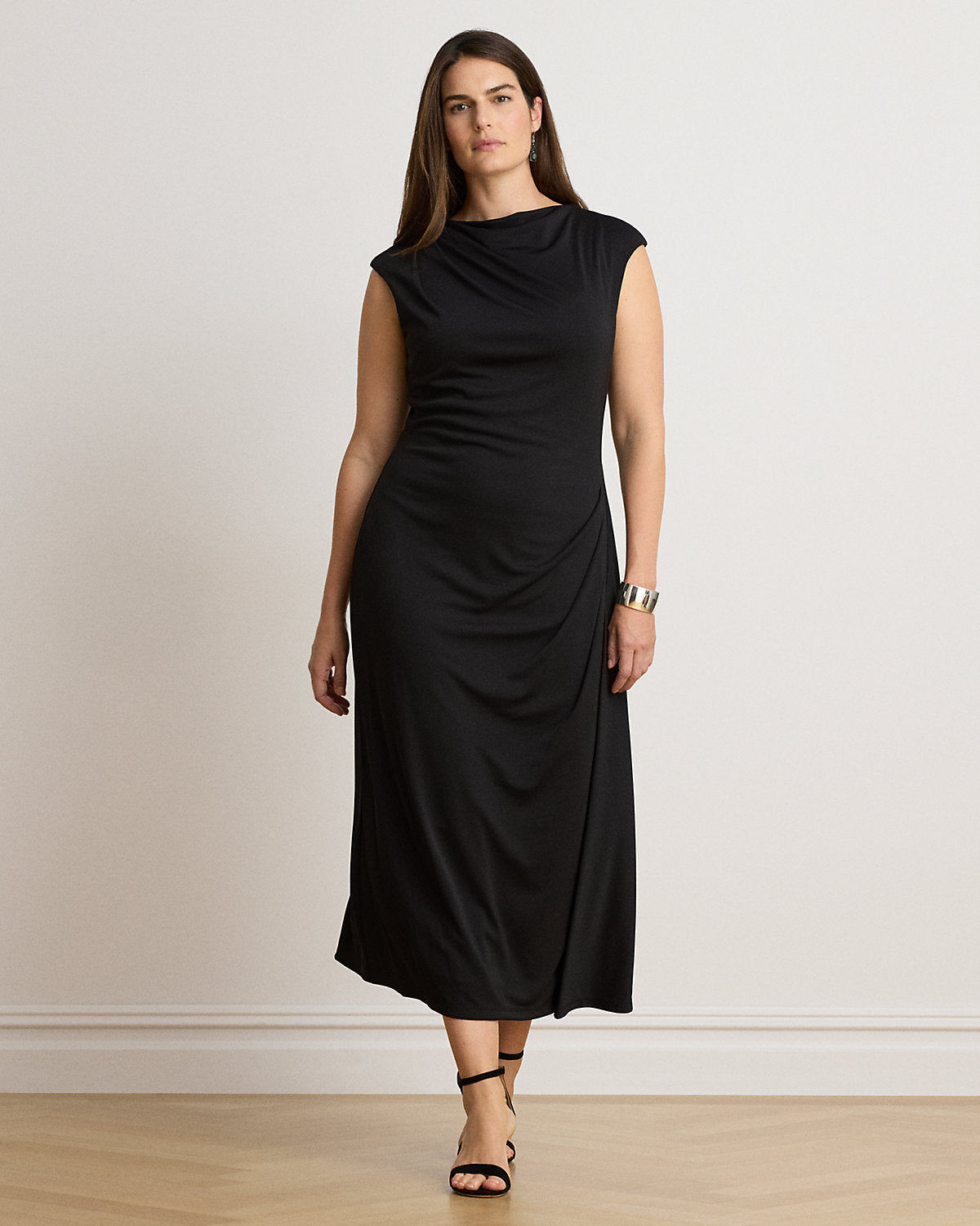 Pleated Jersey Boatneck Midi Dress