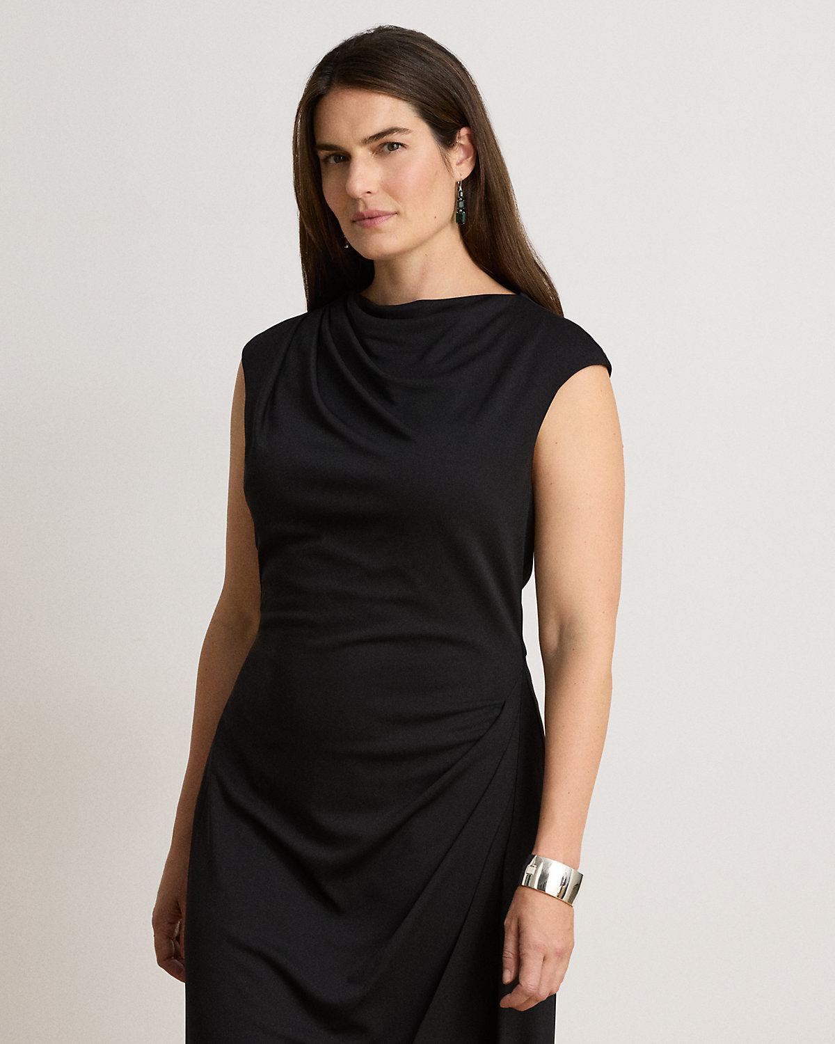 Pleated Jersey Boatneck Midi Dress