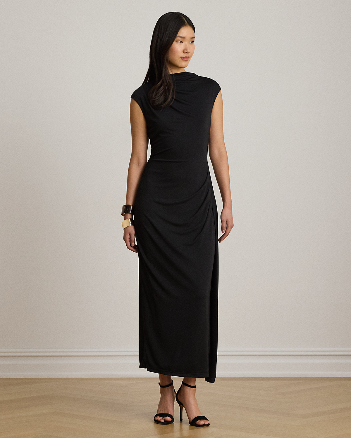 Pleated Jersey Boatneck Midi Dress
