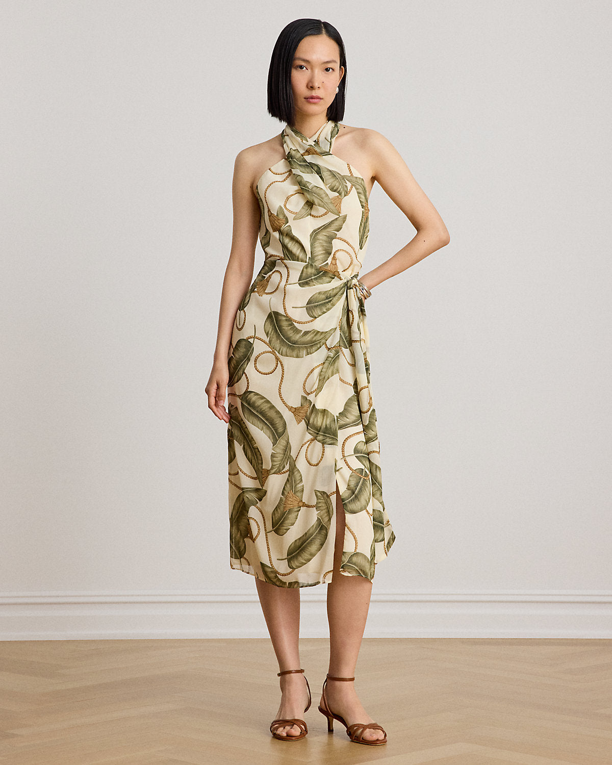 Rope-Print Georgette Halter Midi Dress