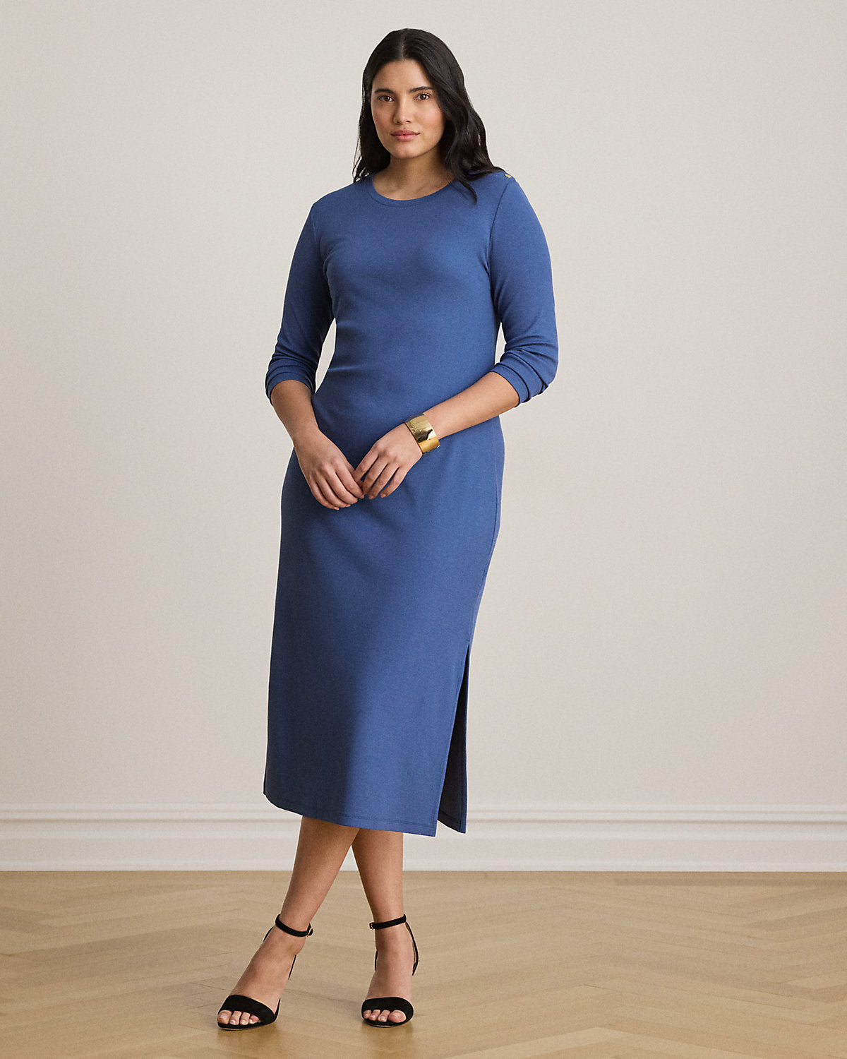 Button-Trim Rib-Knit Midi Dress