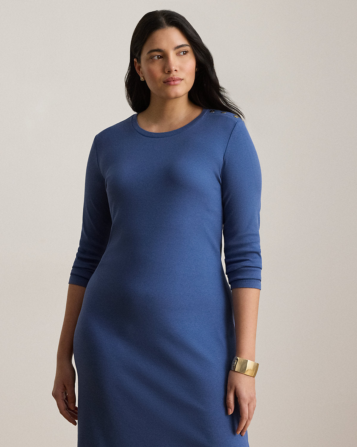 Button-Trim Rib-Knit Midi Dress