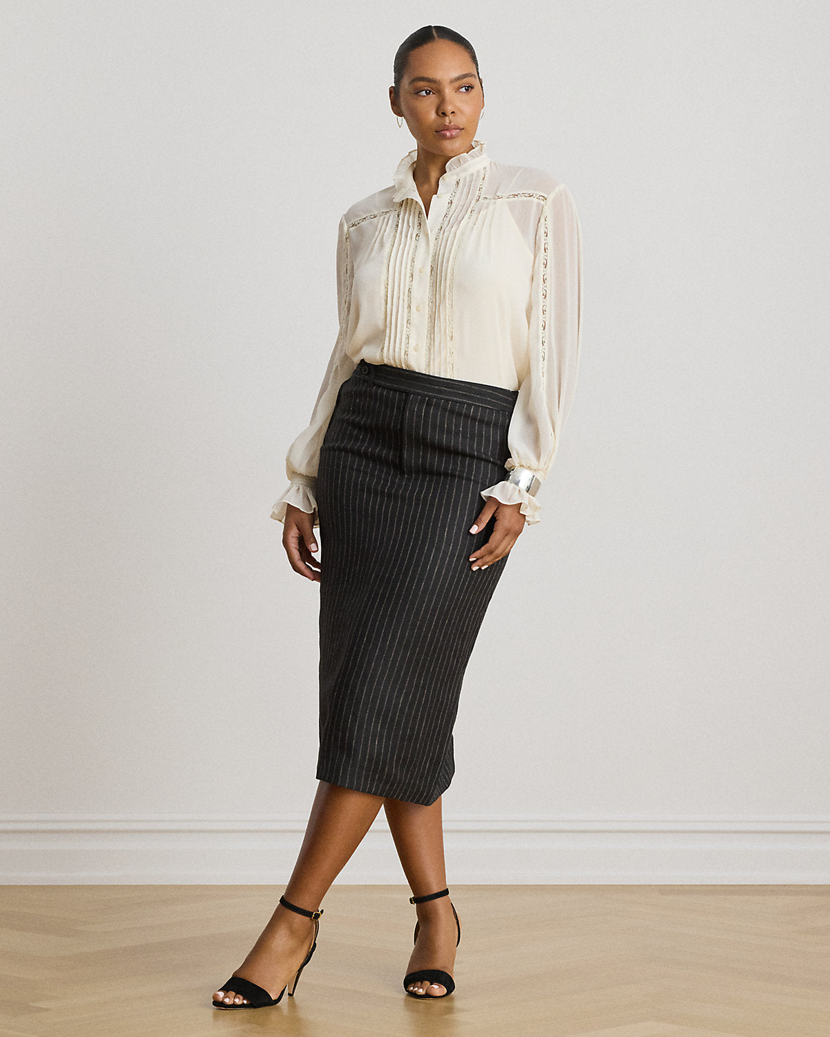Chalk-Stripe Linen Pencil Midi Skirt