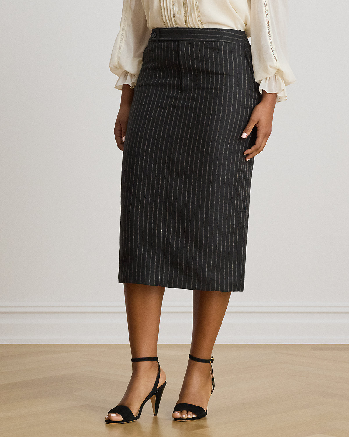Chalk-Stripe Linen Pencil Midi Skirt