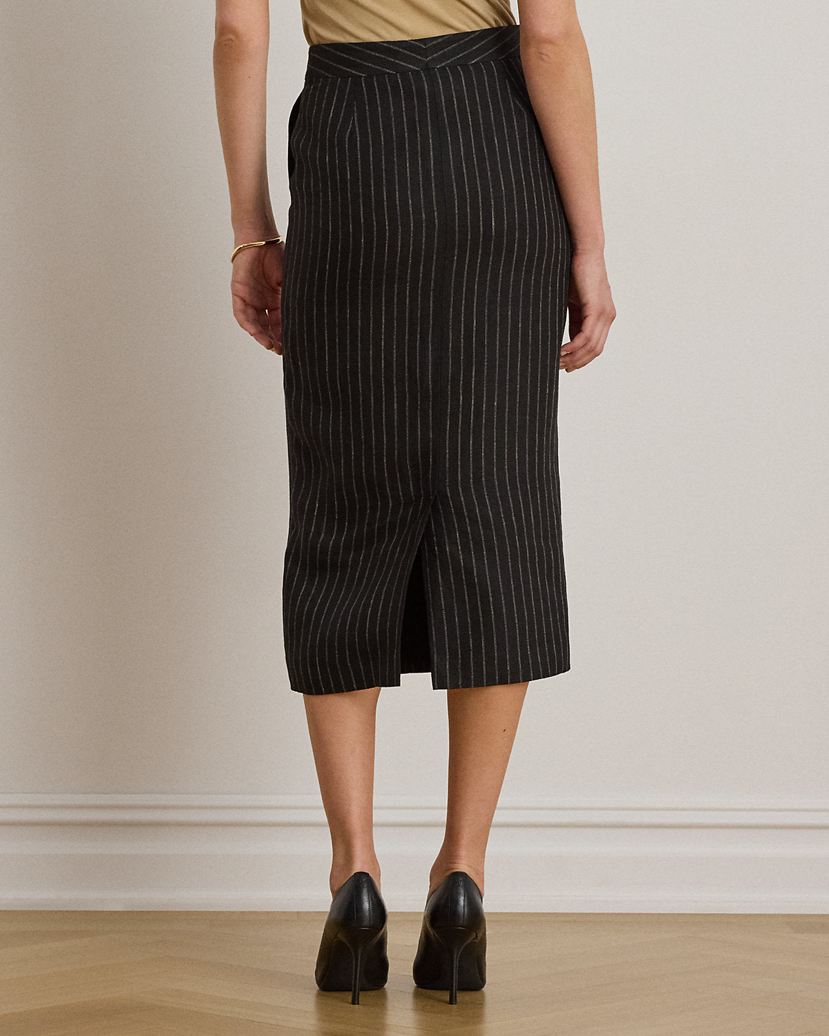 Chalk-Stripe Linen Pencil Midi Skirt