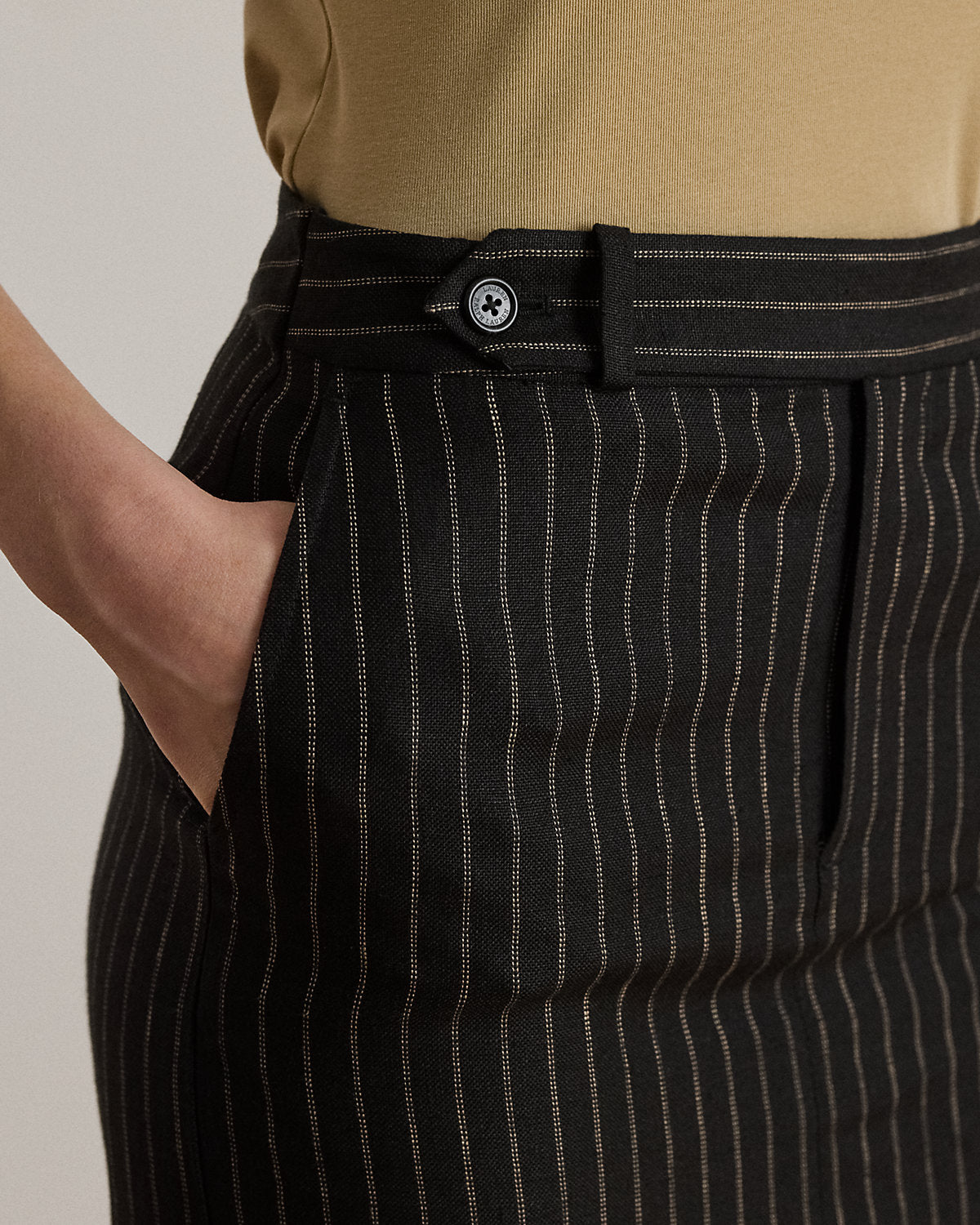 Chalk-Stripe Linen Pencil Midi Skirt