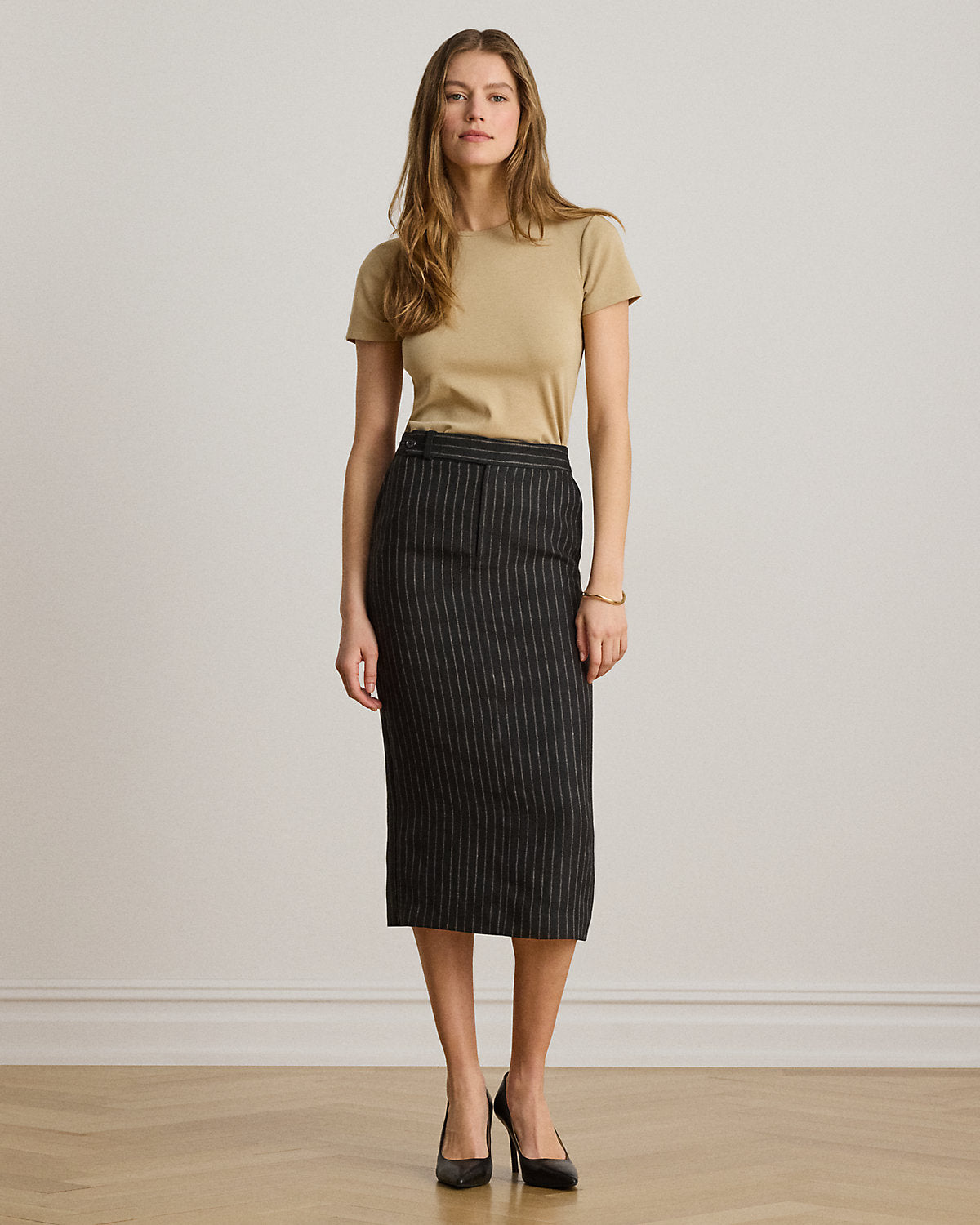 Chalk-Stripe Linen Pencil Midi Skirt