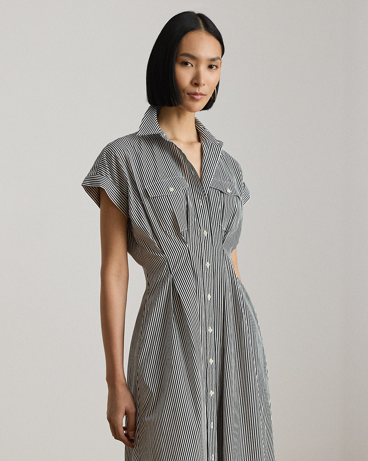 Striped Pleated Broadcloth Shirtdress