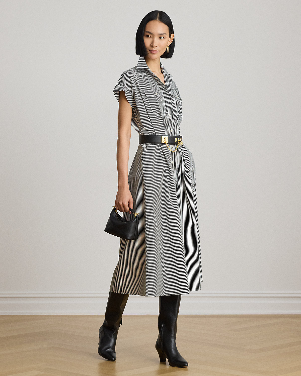 Striped Pleated Broadcloth Shirtdress