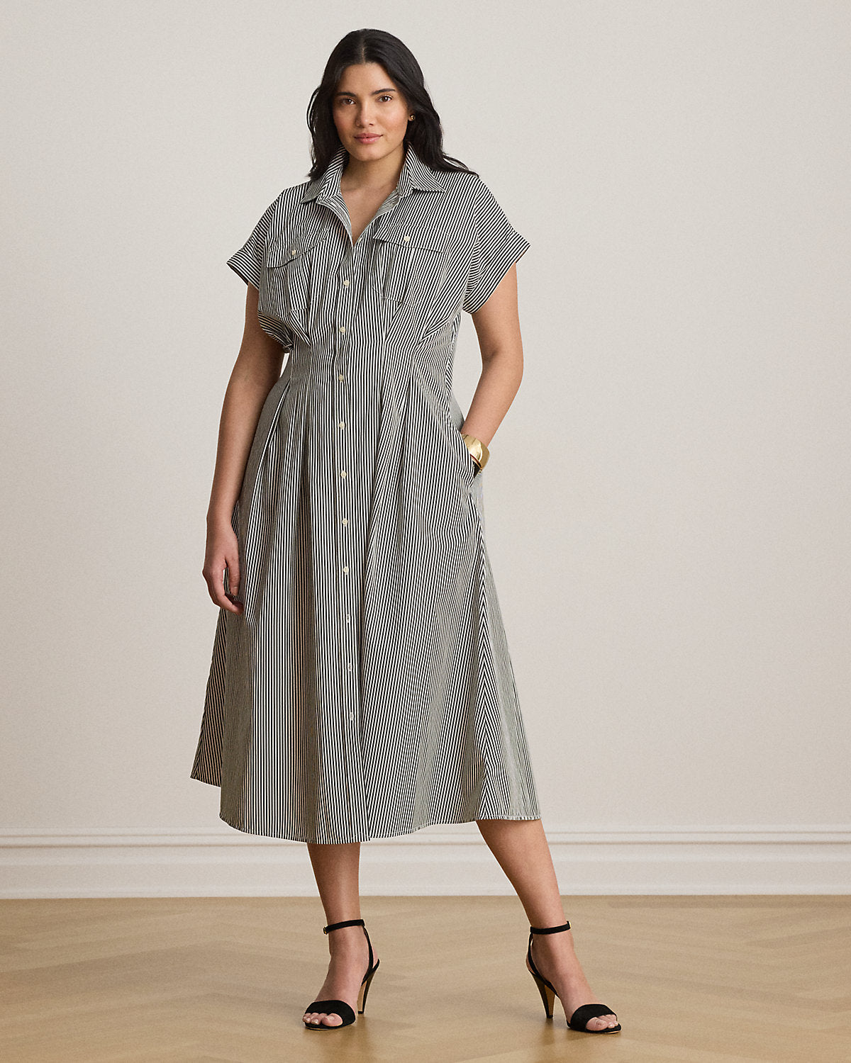 Striped Pleated Broadcloth Shirtdress