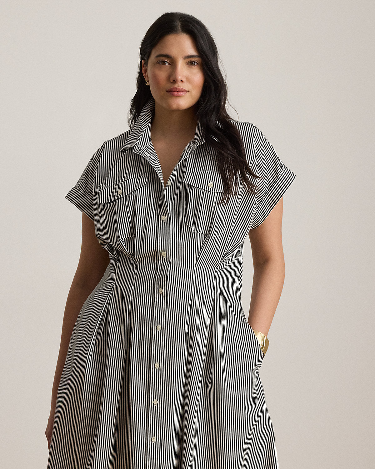Striped Pleated Broadcloth Shirtdress
