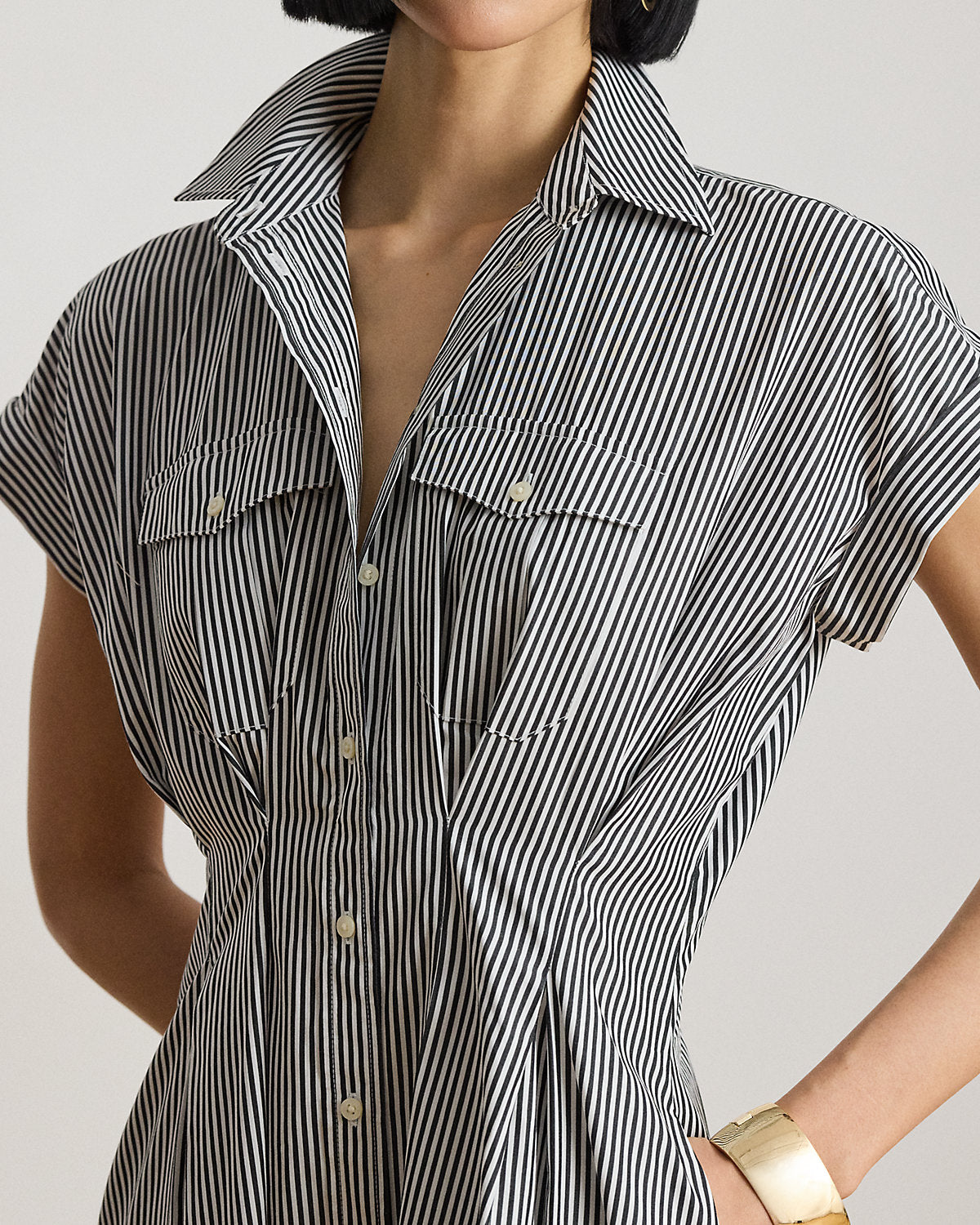 Striped Pleated Broadcloth Shirtdress