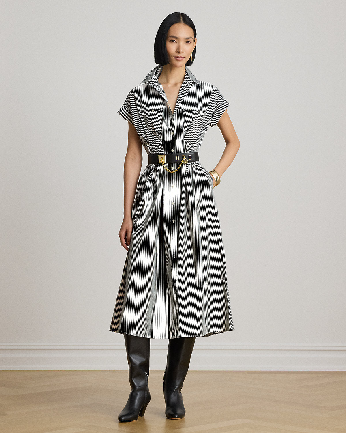 Striped Pleated Broadcloth Shirtdress