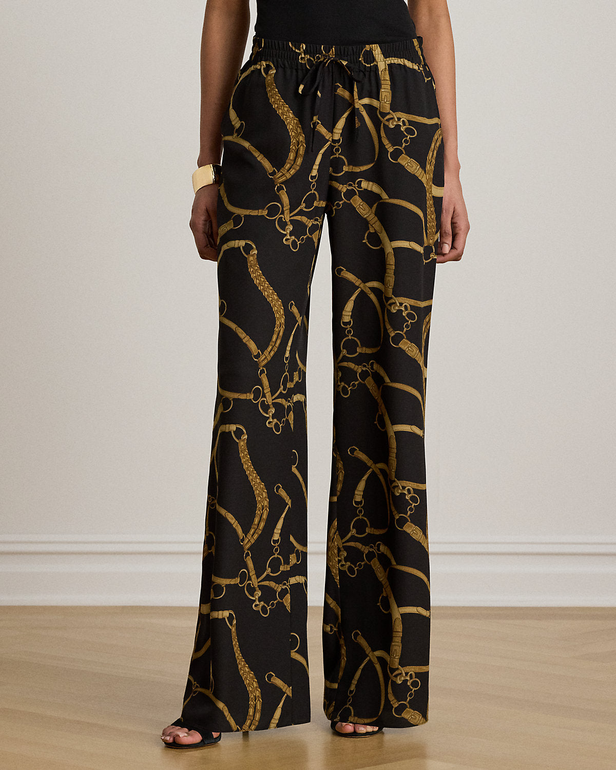 Belting-Print Crepe Wide-Leg Pant
