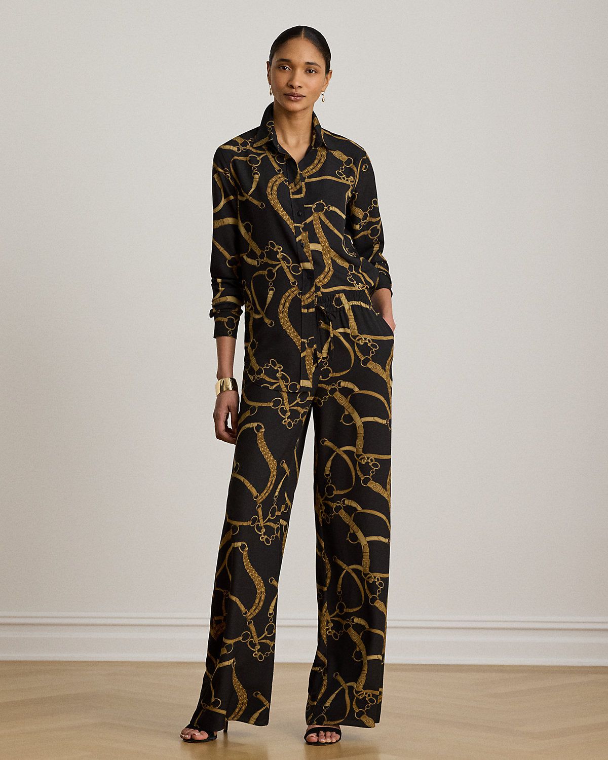 Belting-Print Crepe Wide-Leg Pant