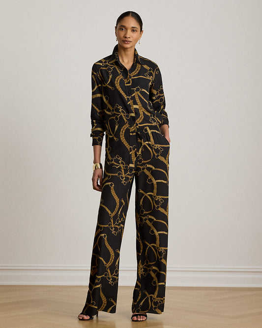 Belting-Print Crepe Wide-Leg Pant