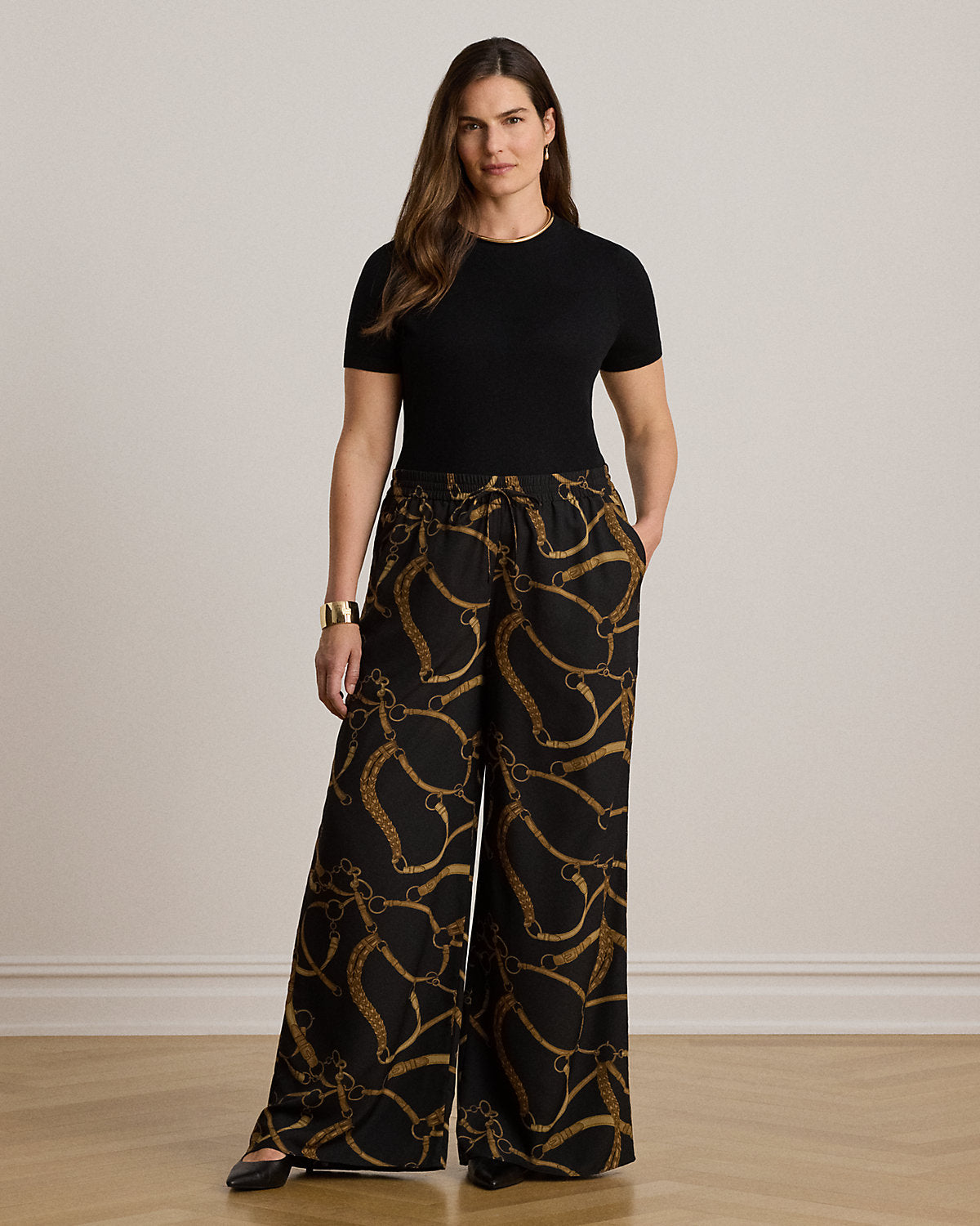 Belting-Print Crepe Wide-Leg Pant