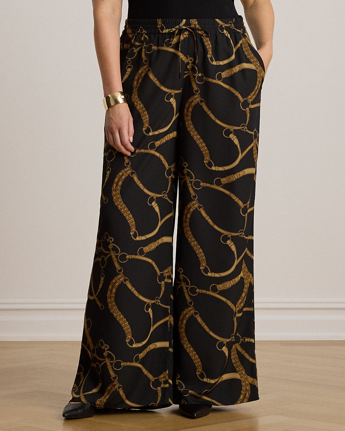 Belting-Print Crepe Wide-Leg Pant