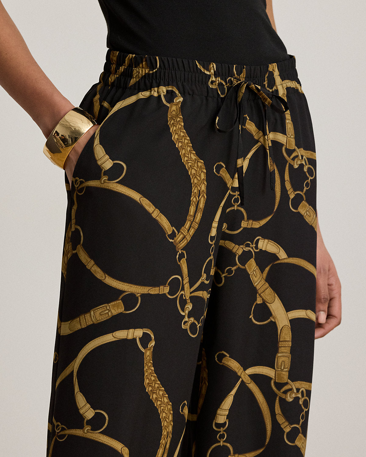 Belting-Print Crepe Wide-Leg Pant