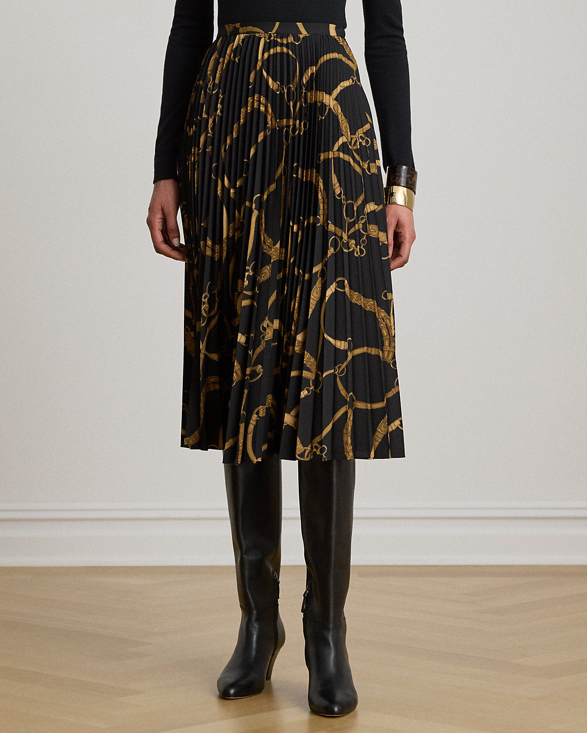 Belting-Print Pleated Crepe Skirt