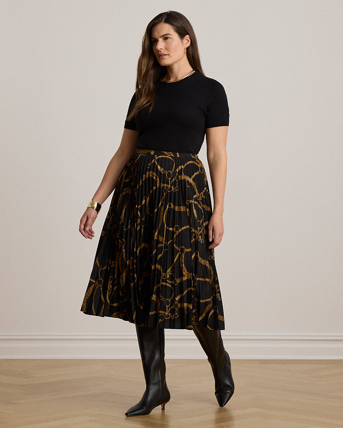 Belting-Print Pleated Crepe Skirt