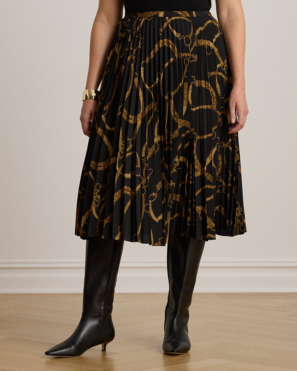 Belting-Print Pleated Crepe Skirt