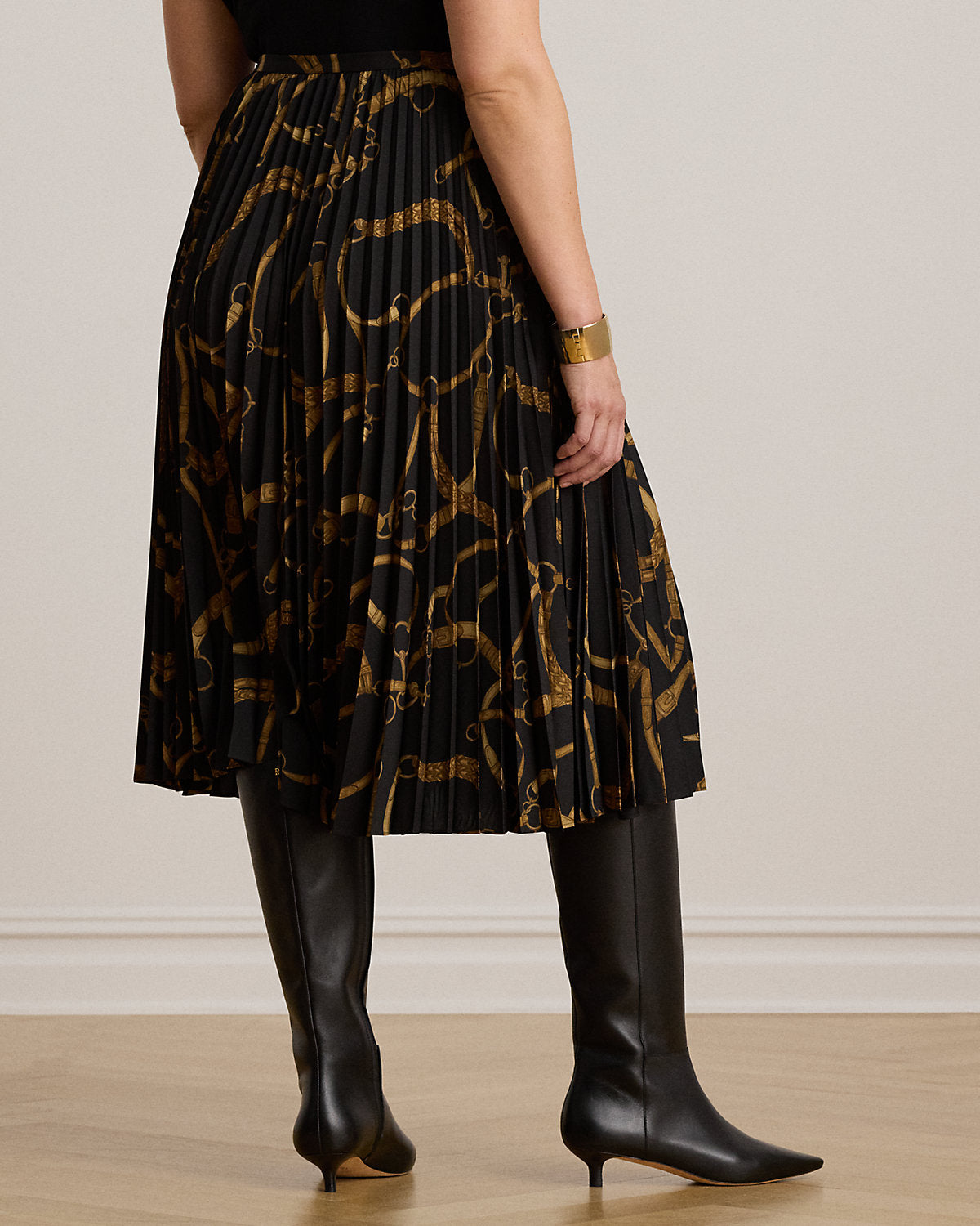 Belting-Print Pleated Crepe Skirt