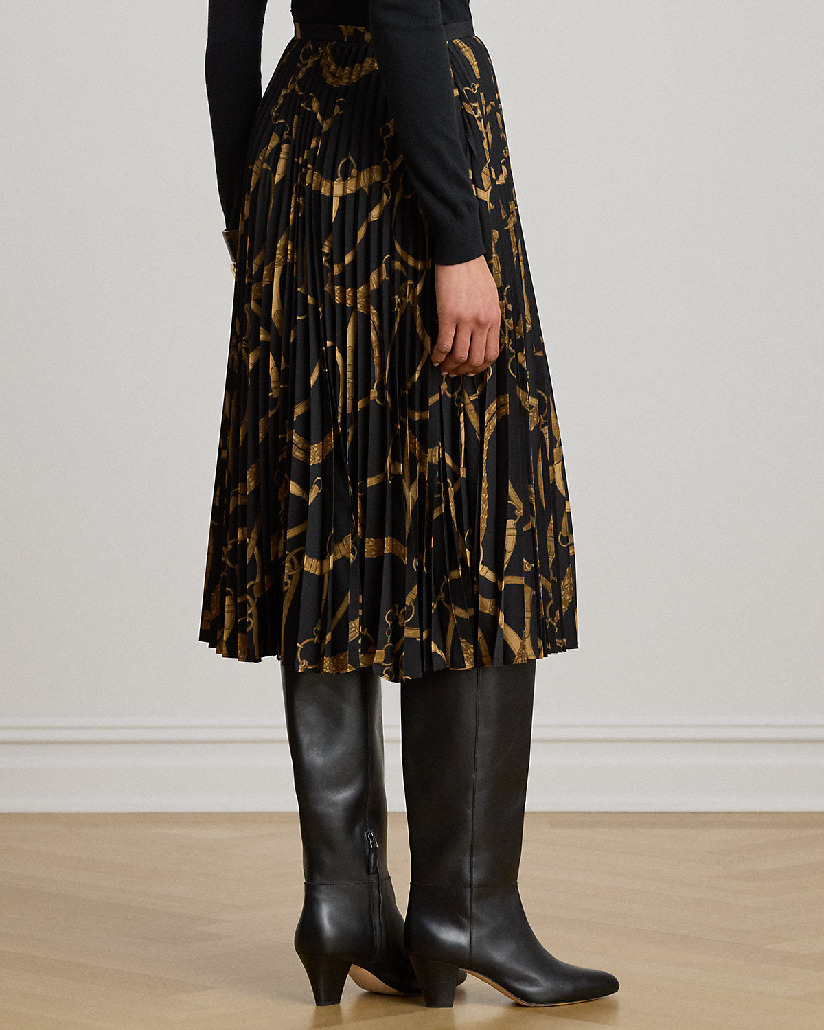 Belting-Print Pleated Crepe Skirt