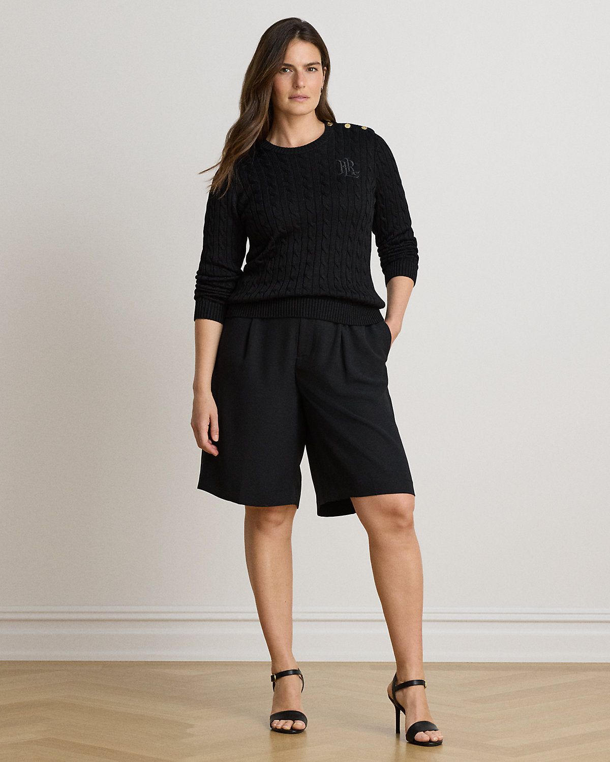 Button-Trim Cable-Knit Sweater
