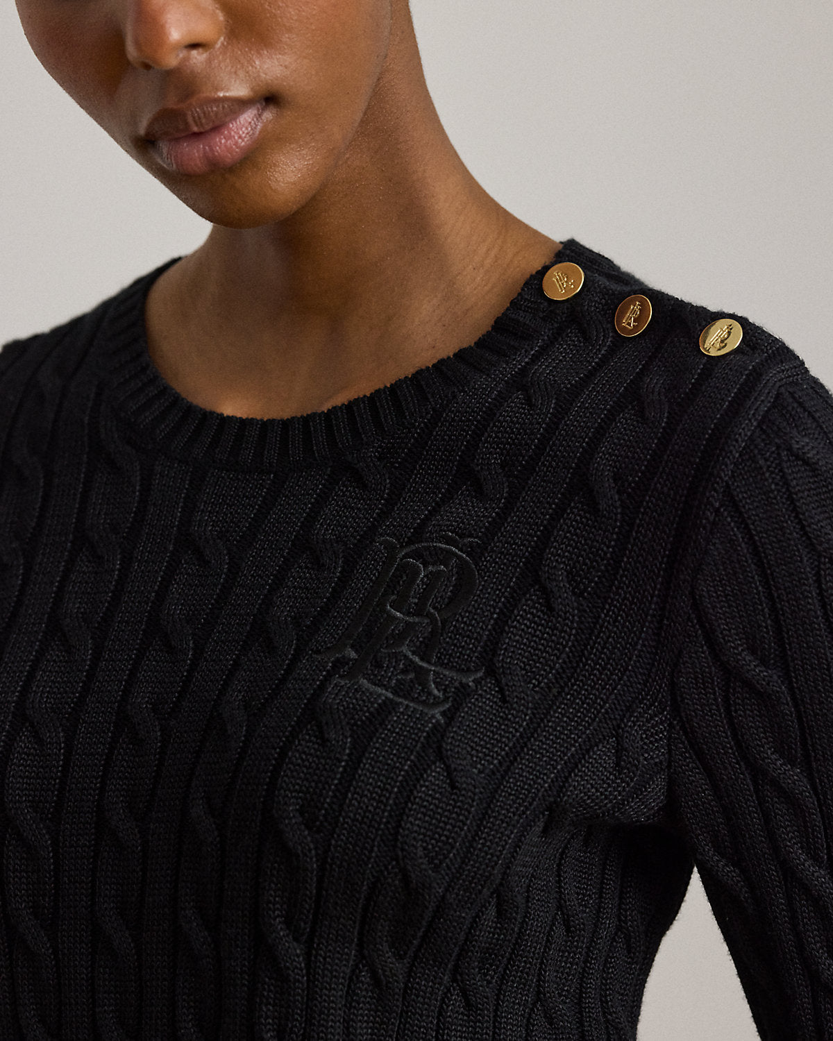 Button-Trim Cable-Knit Sweater