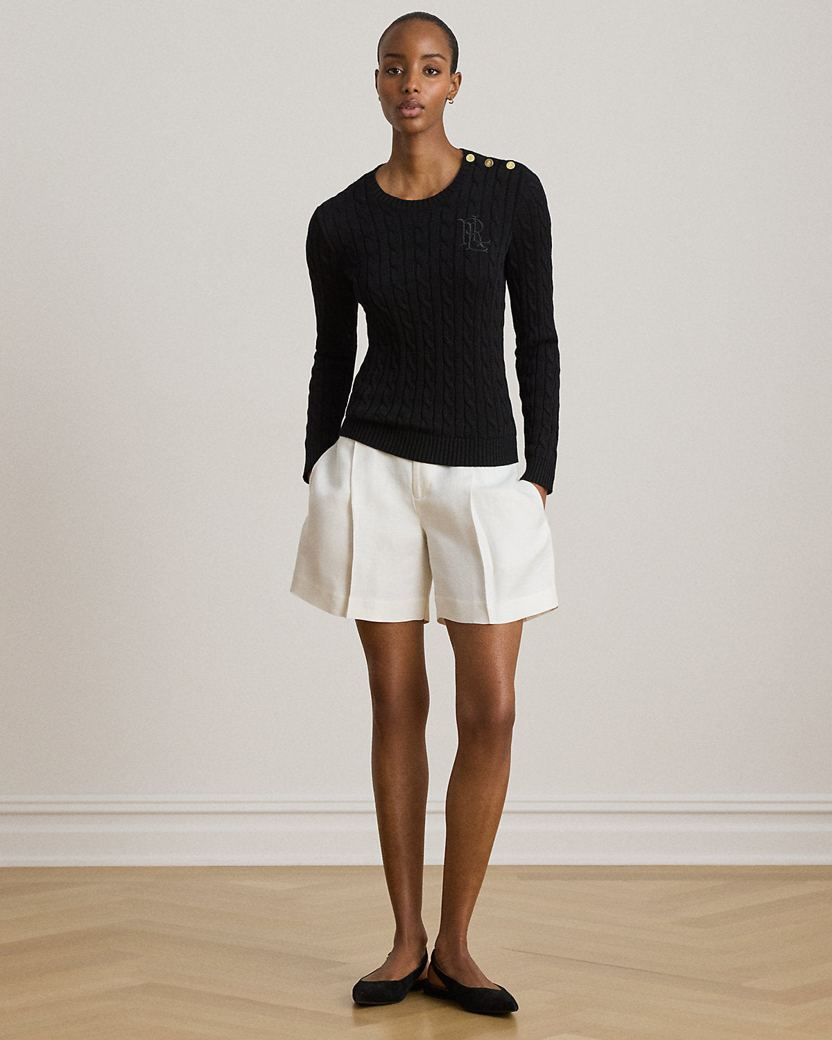 Button-Trim Cable-Knit Sweater