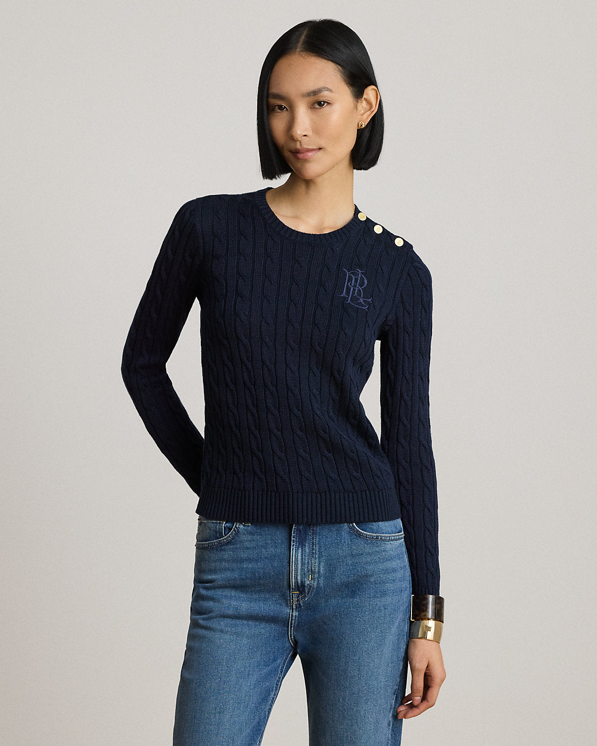 Button-Trim Cable-Knit Sweater