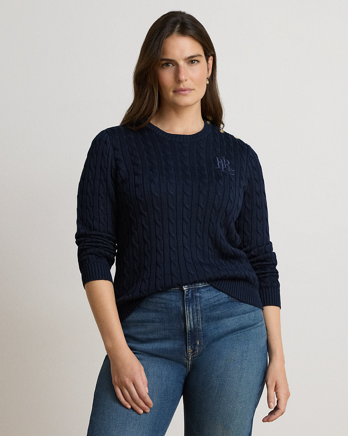 Button-Trim Cable-Knit Sweater