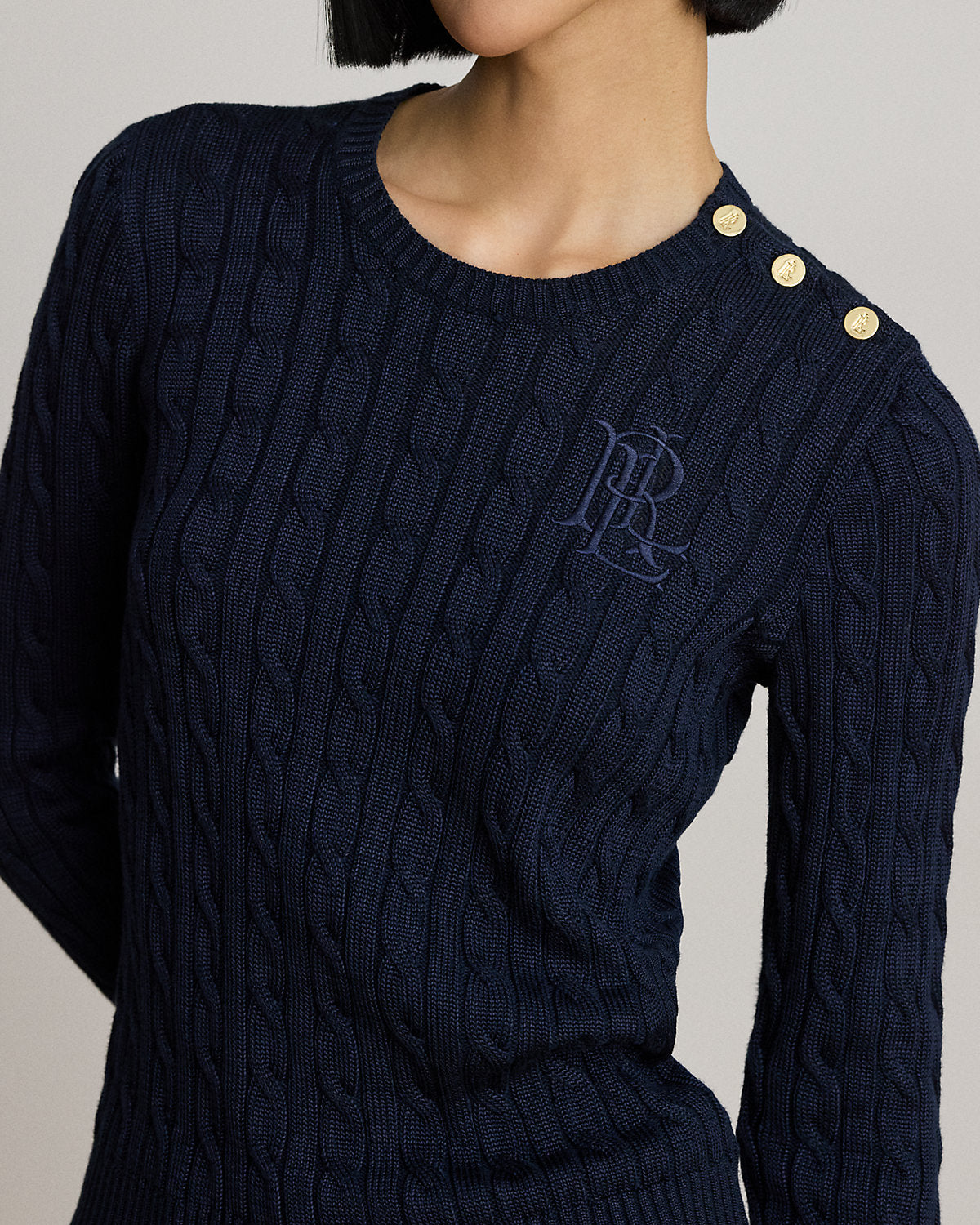 Button-Trim Cable-Knit Sweater
