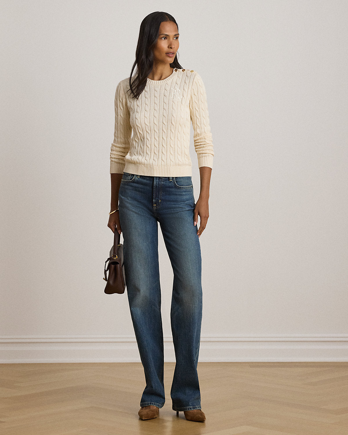 Button-Trim Cable-Knit Sweater