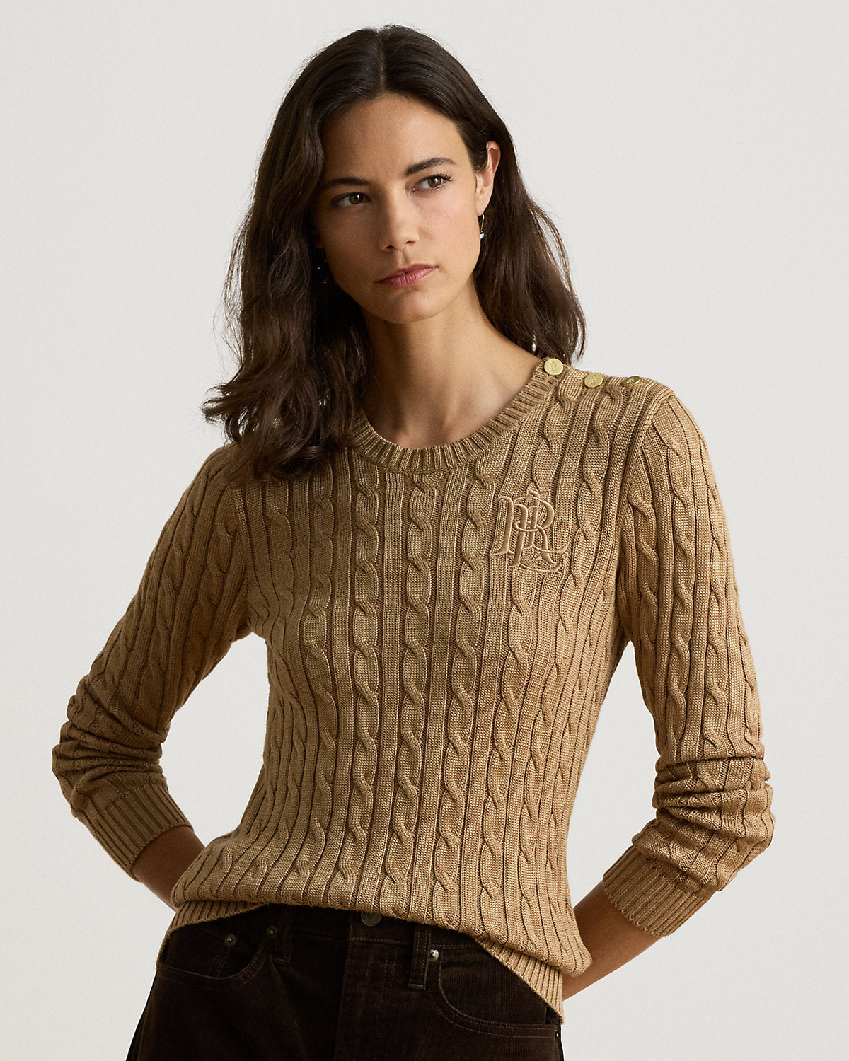 Button-Trim Cable-Knit Sweater