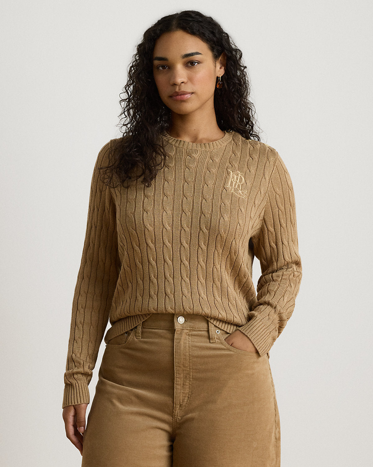 Button-Trim Cable-Knit Sweater