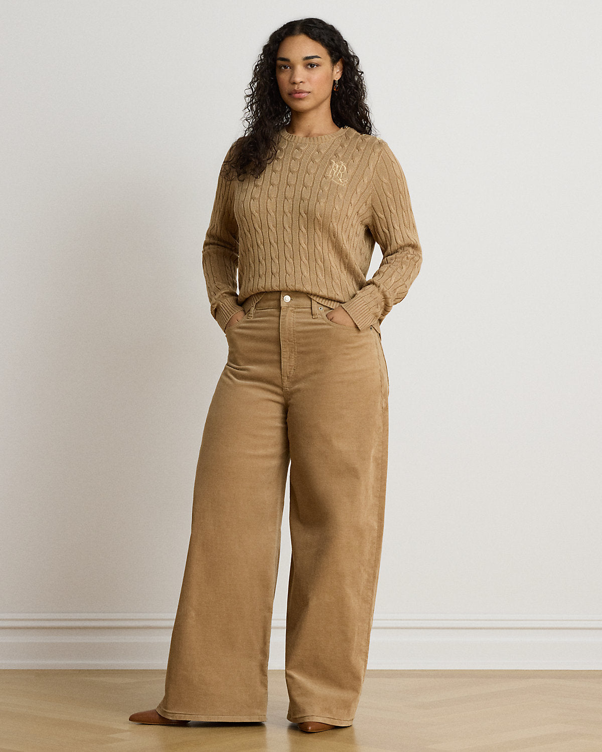 Button-Trim Cable-Knit Sweater