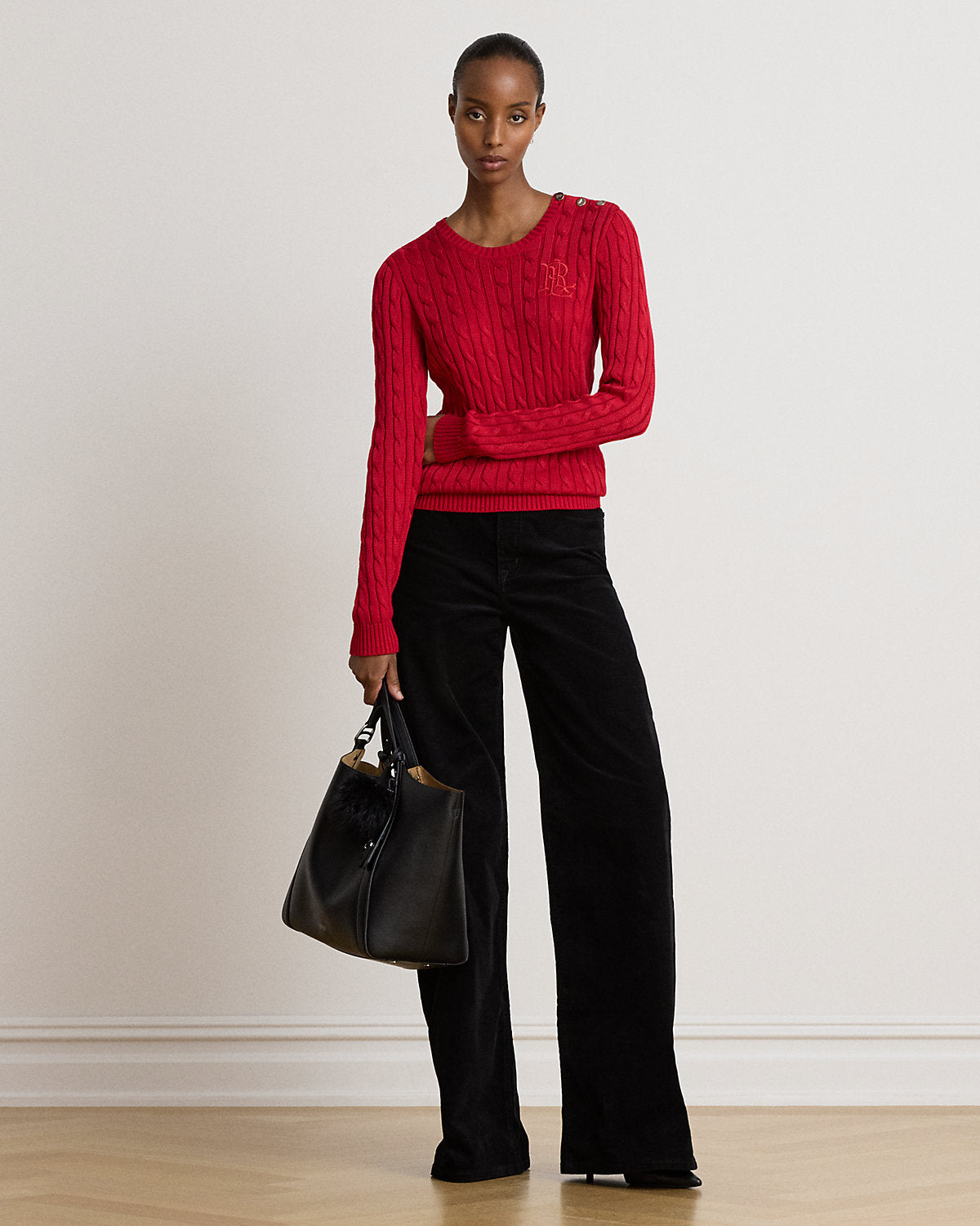 Button-Trim Cable-Knit Sweater