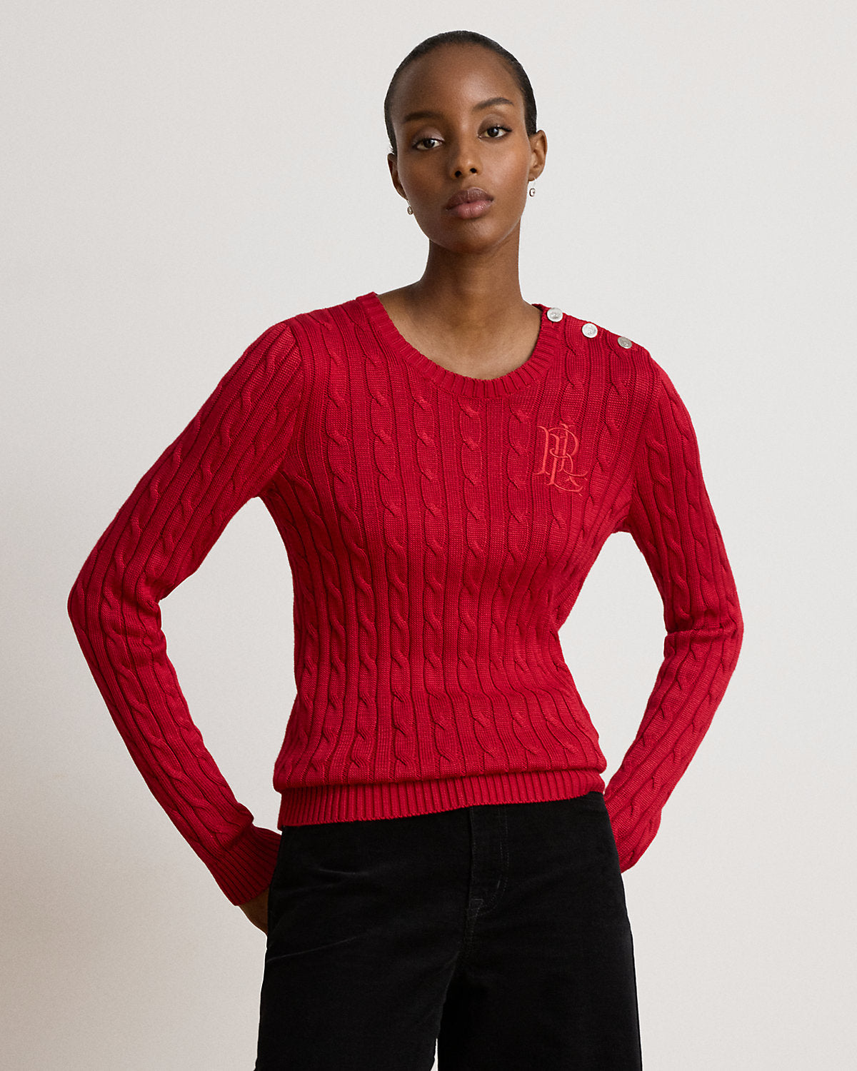 Button-Trim Cable-Knit Sweater