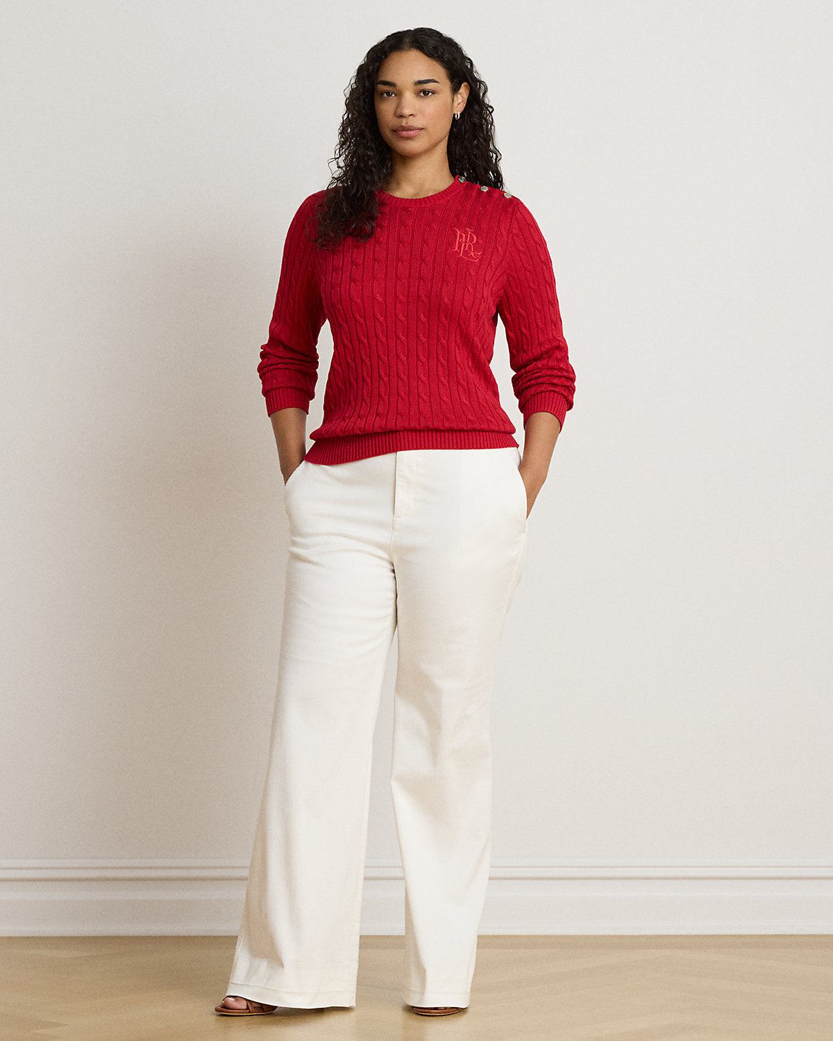 Button-Trim Cable-Knit Sweater
