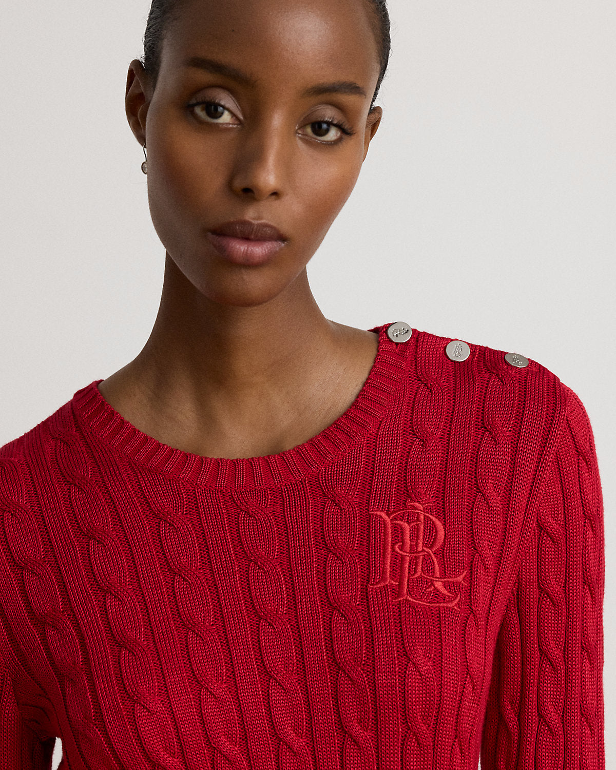 Button-Trim Cable-Knit Sweater