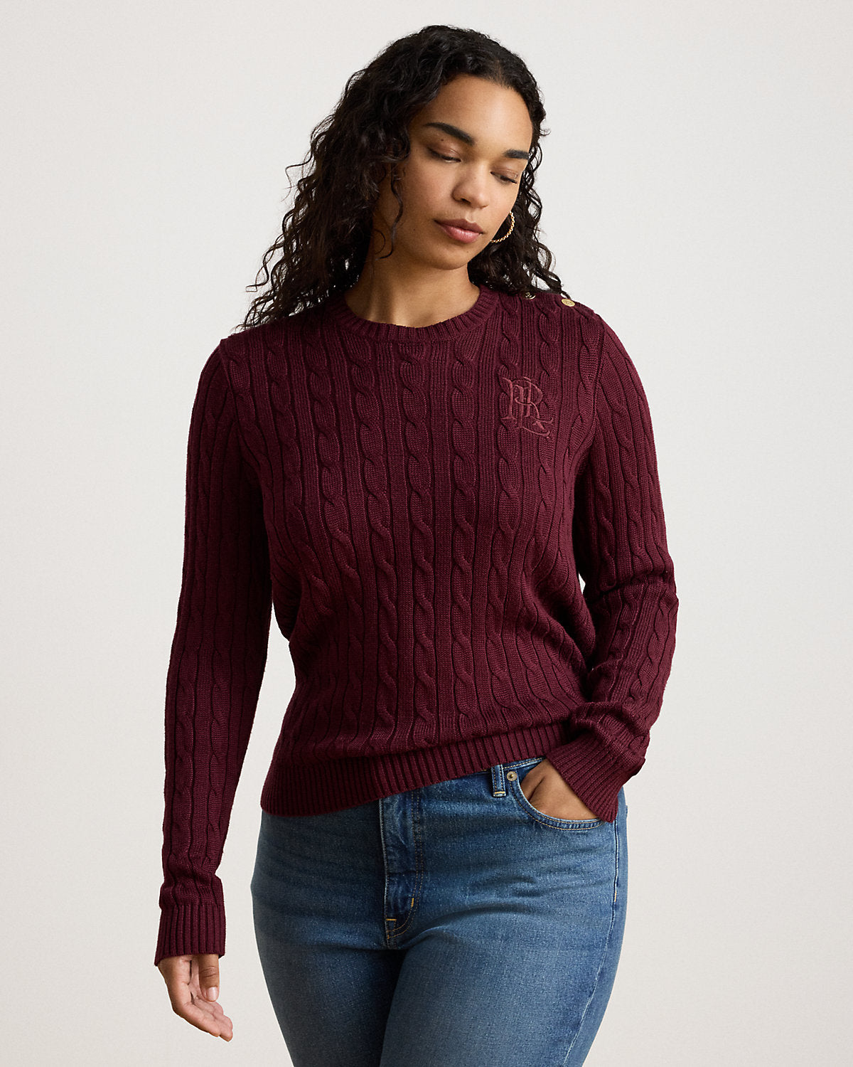Button-Trim Cable-Knit Sweater