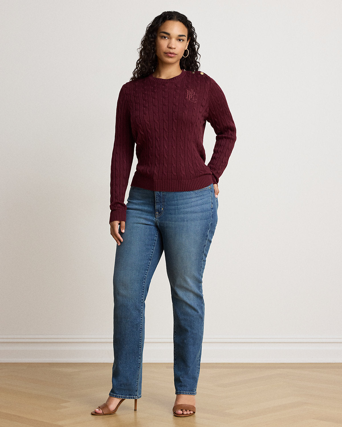 Button-Trim Cable-Knit Sweater