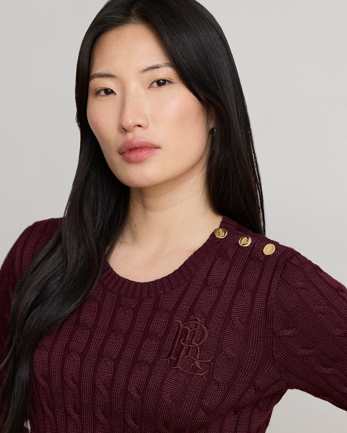 Button-Trim Cable-Knit Sweater