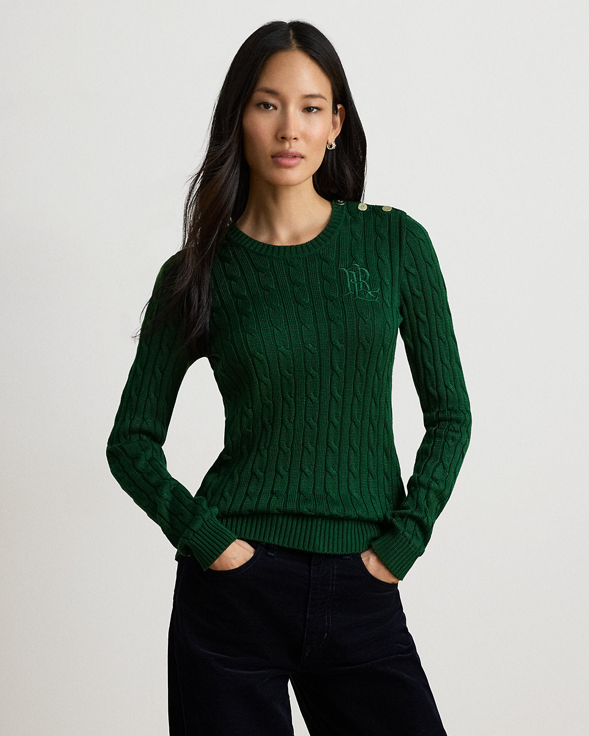 Button-Trim Cable-Knit Sweater