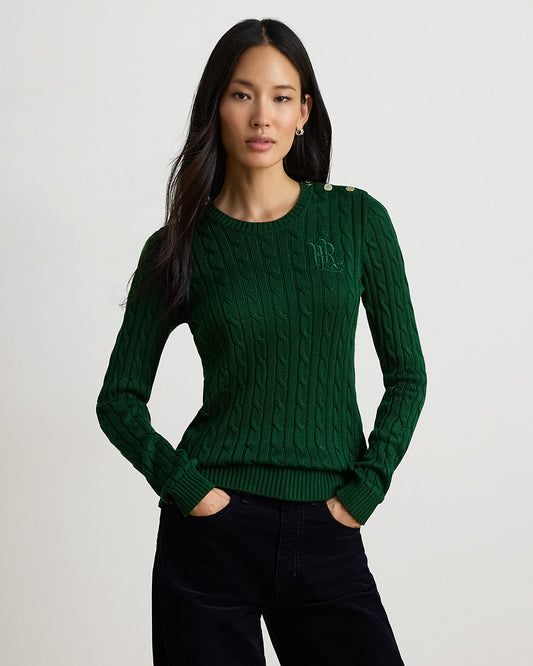 Button-Trim Cable-Knit Sweater
