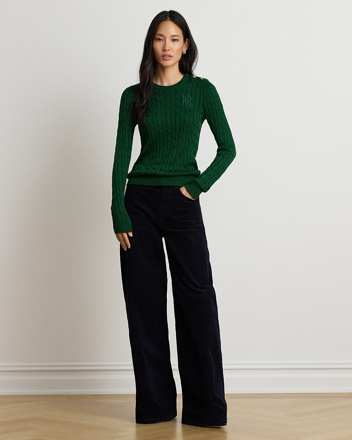 Button-Trim Cable-Knit Sweater